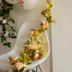 20 LED Artificial Vine with Rose Flowers Vine with Fairy Lights for Home Party Decoration (Rose Pink)