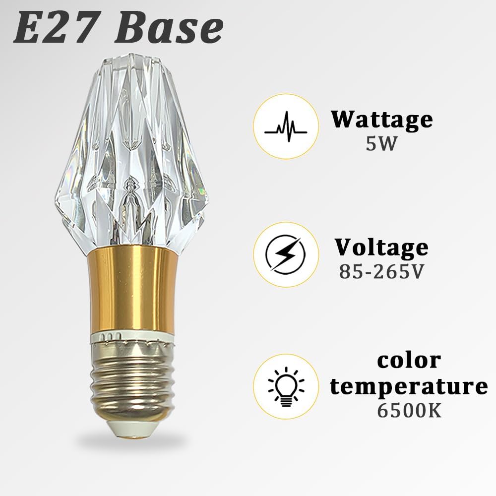 Acrylic Crystal Bulb 5W Edison Screw Bulb 85-265V, 6500K White Light, E27 Base Professional Decorative Bulb (1 Count E27-B004) [Energy Class F]