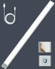Under-cabinet LED light bar with USB cable and power switch on a dark background