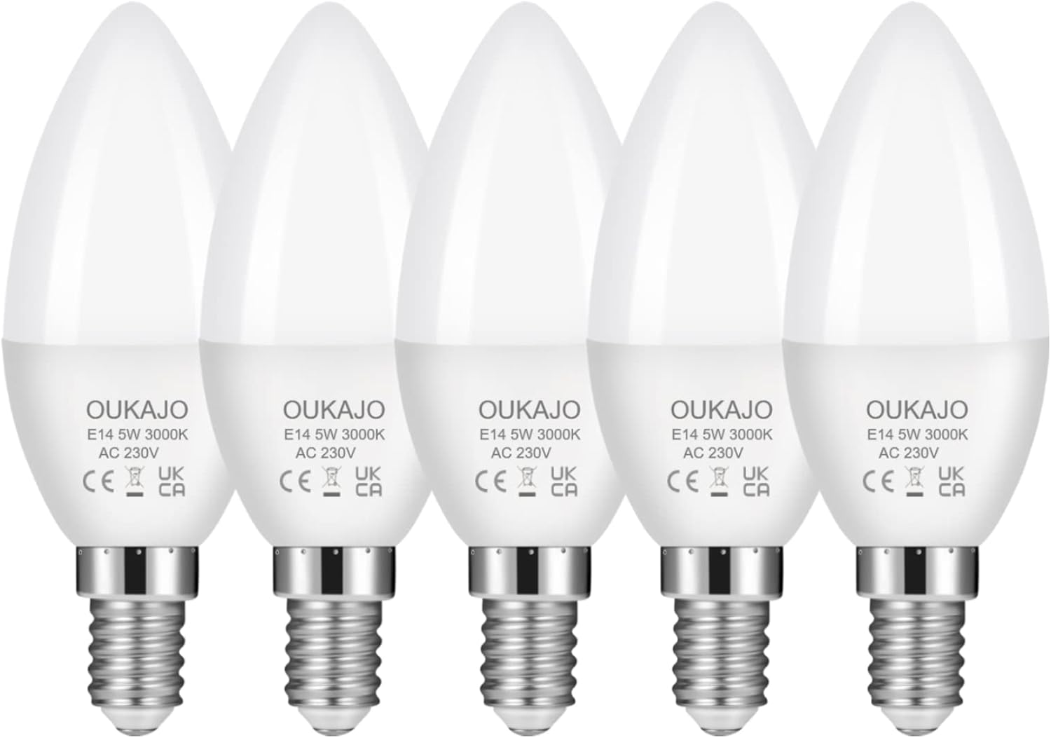 "OUKAJO E14 LED Candle Bulbs, 5W (40W Equivalent), Warm White 3000K, 450lm, Pack of 5"