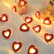 Heart Shaped LED String Lights, Red Wooden Hearts, 150cm Battery Operated Indoor Decorative Lighting