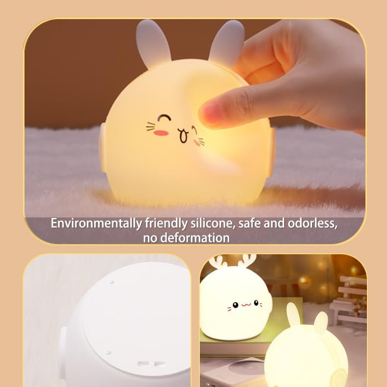 Cute pet night light with a hand holding it, featuring text about its design and features.