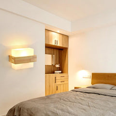 Modern LED Wall Light Indoor, Creative Square Wooden Wall Lamp with Glass Shade, Elegant Wall Sconce for Bedroom, Living Room, Hallway, Dining Room, and Stairs, E27