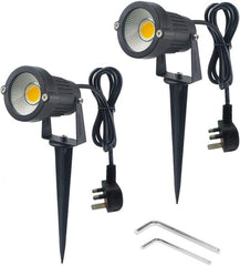 2-Pack Outdoor Landscape Lighting: 5W COB LED Spotlights with Spiked Stand and Plug Adapter for Garden, Lawn, Wall, Yard, and Path – Warm White