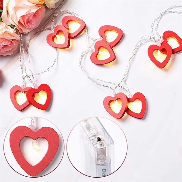 Heart Shaped LED String Lights, Red Wooden Hearts, 150cm Battery Operated Indoor Decorative Lighting