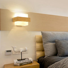 Modern LED Wall Light Indoor, Creative Square Wooden Wall Lamp with Glass Shade, Elegant Wall Sconce for Bedroom, Living Room, Hallway, Dining Room, and Stairs, E27