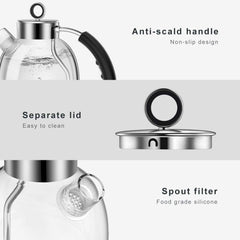 1.5L Glass Electric Kettle – Borosilicate Tea Heater & Hot Water Boiler, Auto Shut-Off & Boil-Dry Protection – Silver