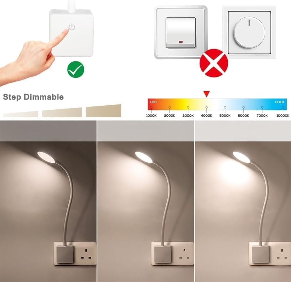 Dimmable light switch and LED lamp with color temperature scale on a white background