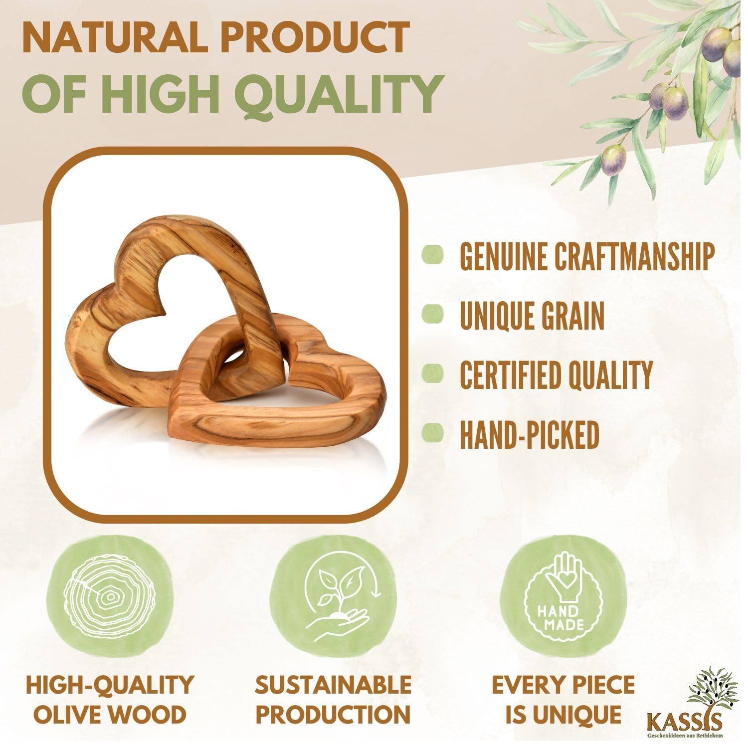 KASSIS Handmade Olive Wood Linked Hearts – 5cm Gift for Wedding, Anniversary & More