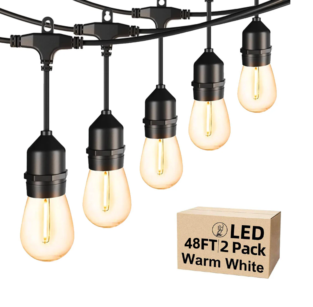48FT Outdoor LED String Lights, S14 Festoon Lights with 15 E27 Sockets, IP65 Waterproof, 2700K Warm White for Garden, Patio, Party