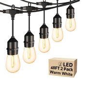 48FT Outdoor LED String Lights, S14 Festoon Lights with 15 E27 Sockets, IP65 Waterproof, 2700K Warm White for Garden, Patio, Party