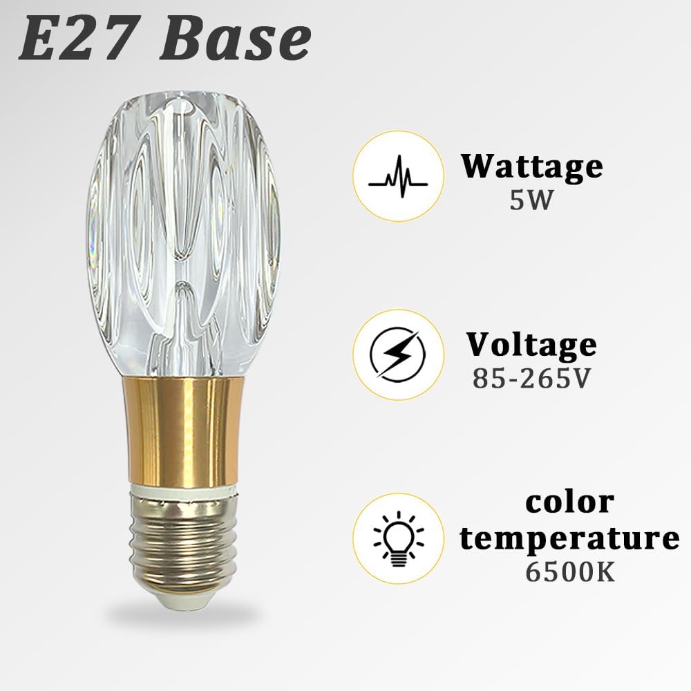 Acrylic Crystal Bulb 5W Edison Screw Light 85-265V, 6000K White Light, E27 Base Professional Decorative lamp (1 Count E27-B006) [Energy Class F]