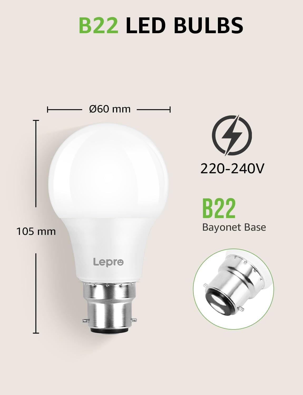 Lepro Bayonet Light Bulb, 60W Equivalent, Warm White 2700K, 8.5W 806lm B22 LED Bulb, BC A60 GLS Energy Saving Lightbulbs, Non-dimmable, Pack of 6 [Energy Class F] Visit the Lepro Store