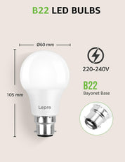 Lepro Bayonet Light Bulb, 60W Equivalent, Warm White 2700K, 8.5W 806lm B22 LED Bulb, BC A60 GLS Energy Saving Lightbulbs, Non-dimmable, Pack of 6 [Energy Class F] Visit the Lepro Store