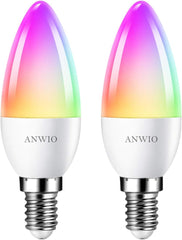 ANWIO 5W E14 Smart Candle LED Bulb, RGB Color Changing, 470lm, Works with Alexa and Google Assistant, 2-Pack