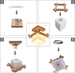 Wood Ceiling Light, Simple Japanese Tatami Style E27 Wooden Lamp with Glass Shade, Modern Ceiling Light Fixture for Hallway, Porch, Balcony, and Bedroom