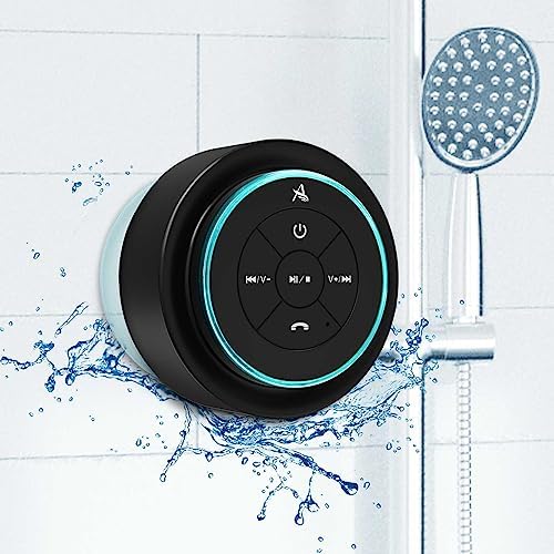 Black shower control panel with blue accents on a tiled shower wall.