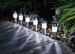 12-Pack Solar-Powered Stainless Steel Garden Lighting - LED Bollard Stake Lights, Outdoor Weatherproof Pathway and Border Lights with Warm Glow for Patio