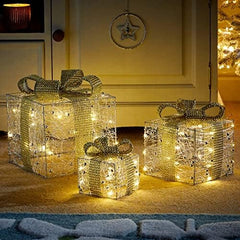 Paul Boxes with Warm White 45 LED Lights, Battery Operated Decorative Gift Boxes, Set of 3, with Xmas Cluster Light Effect for Home Decor