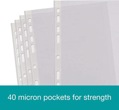 A4 Clear Punched Pockets, 100-Pack Plastic Sleeves, 40 Micron Reinforced Spine