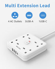 5M 4 Gang Extension Lead with USB C and 3 USB A Ports, Wall Mount Power Strip