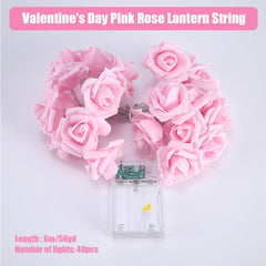 Pink Rose Flower Fairy String Lights 6M with 40 LEDs, Battery Operated Decorative Lights for Romantic Décor