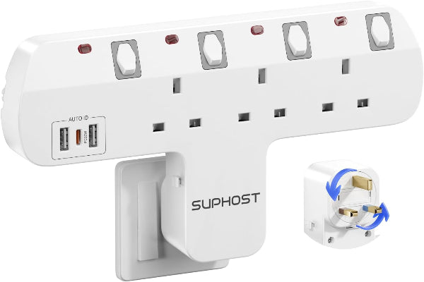 3-Way Plug Extension Socket with 180° Rotating Plug, 2 USB-A & 1 USB-C PD 20W, 13A Adapter