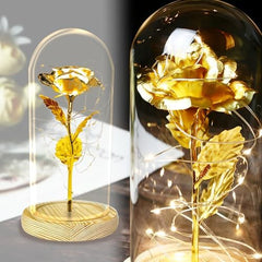 Golden Rose in Glass Dome Black Wooden Base, 24K Eternal Rose Light Up Rose Batteries Included Beauty and the Beast Rose for Wedding Anniversary Mama Valentines Christmas Birthday