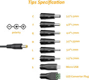 Diagram of various connectors with specifications and polarity symbols on a white background.