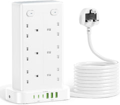 12-Way Tower Extension Lead 3M with 3 USB-C & 3 USB-A Ports, 4 Switches, 13A 3250W