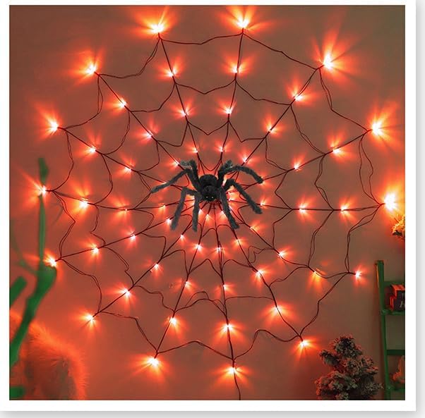 Spider Web Outdoor Lights – 70 LEDs, 4Ft, Battery Operated Halloween String Lights with 8 Modes and Remote Control, Orange for Home, Yard, and Garden