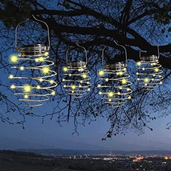 4 Pack White Solar Powered LED Garden Ornaments, Hanging Copper Lanterns with Spiral Effect, Ideal for Parties, Weddings, and Garden Decoration