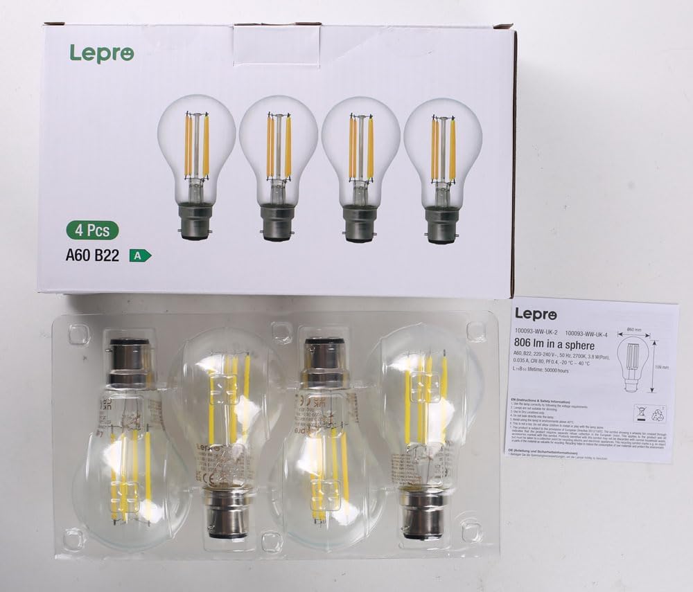 B22 A-Rated LED Filament Bulb 3.8W 2700K Clear 4 Pack
