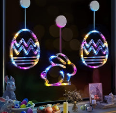 Easter Decorations: 3-Pack Multicolour Window Lights with Easter Bunny and Eggs, Battery Operated, Suction Cup, Timer Function, and Slow Fade Effect for Indoor Home Decor