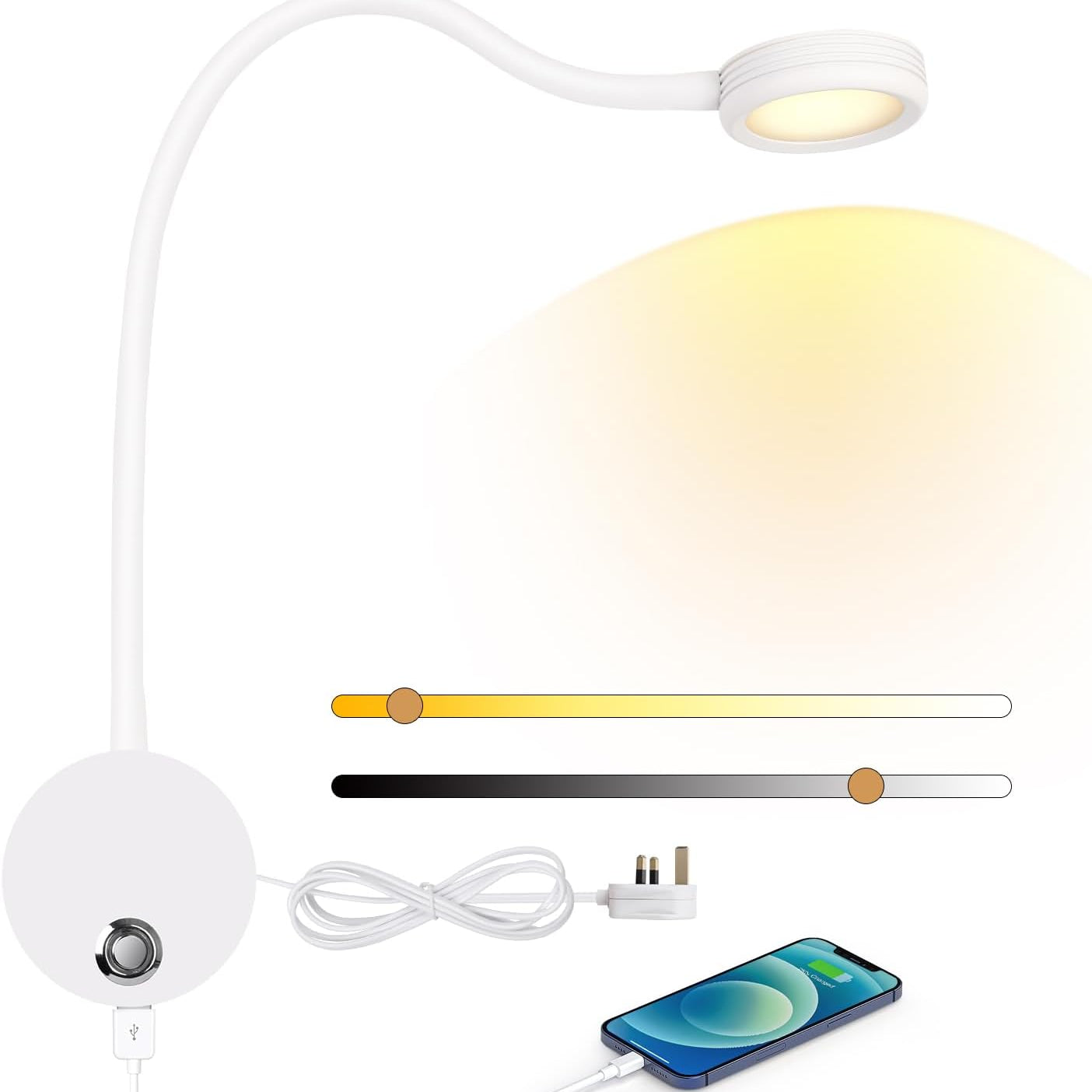 Flexi light with gradient lampshade, cable, plug, and smartphone on a white background