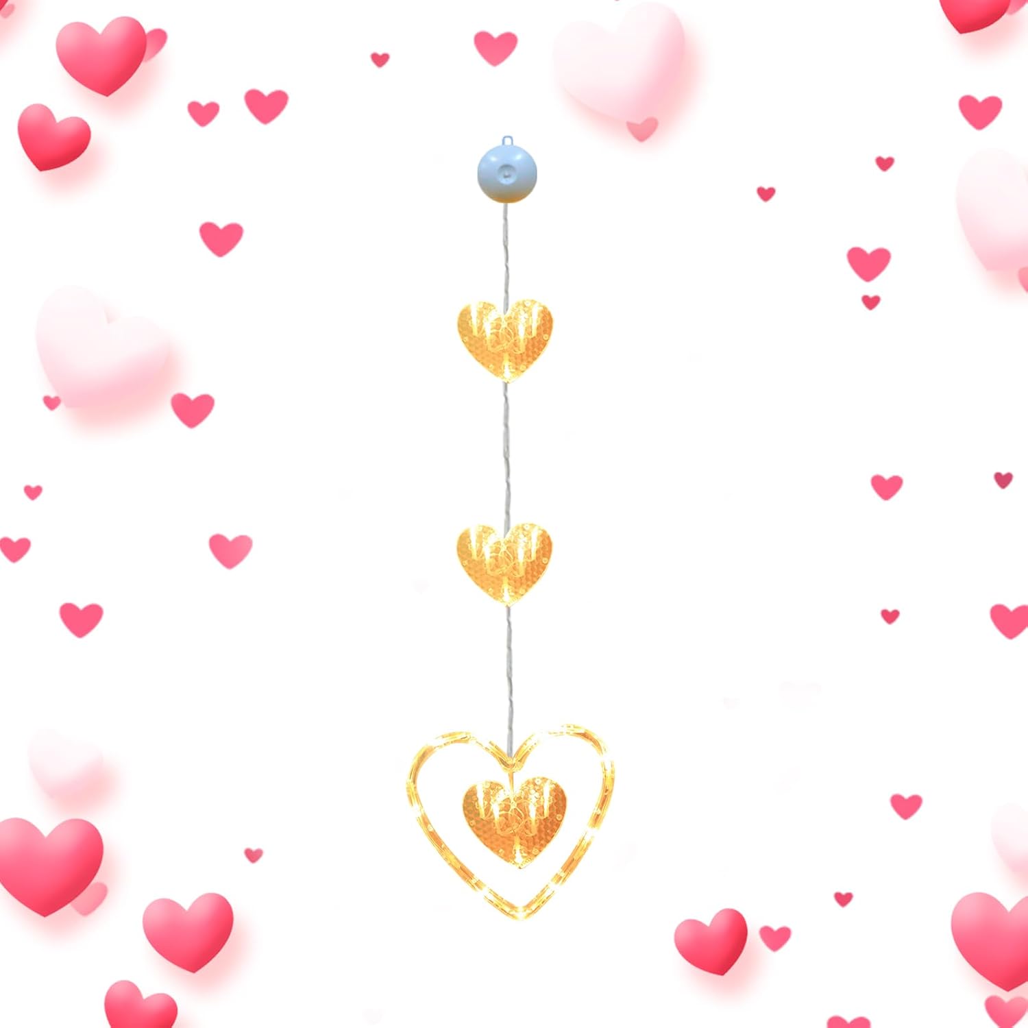 3Pcs LED Heart Shaped Fairy Lights, Battery Powered Valentine Window Lights with Suction Cups, Love Heart Hanging Curtain Lights for Window, Door & Home Decor