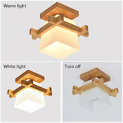 Wood Ceiling Light, Simple Japanese Tatami Style E27 Wooden Lamp with Glass Shade, Modern Ceiling Light Fixture for Hallway, Porch, Balcony, and Bedroom
