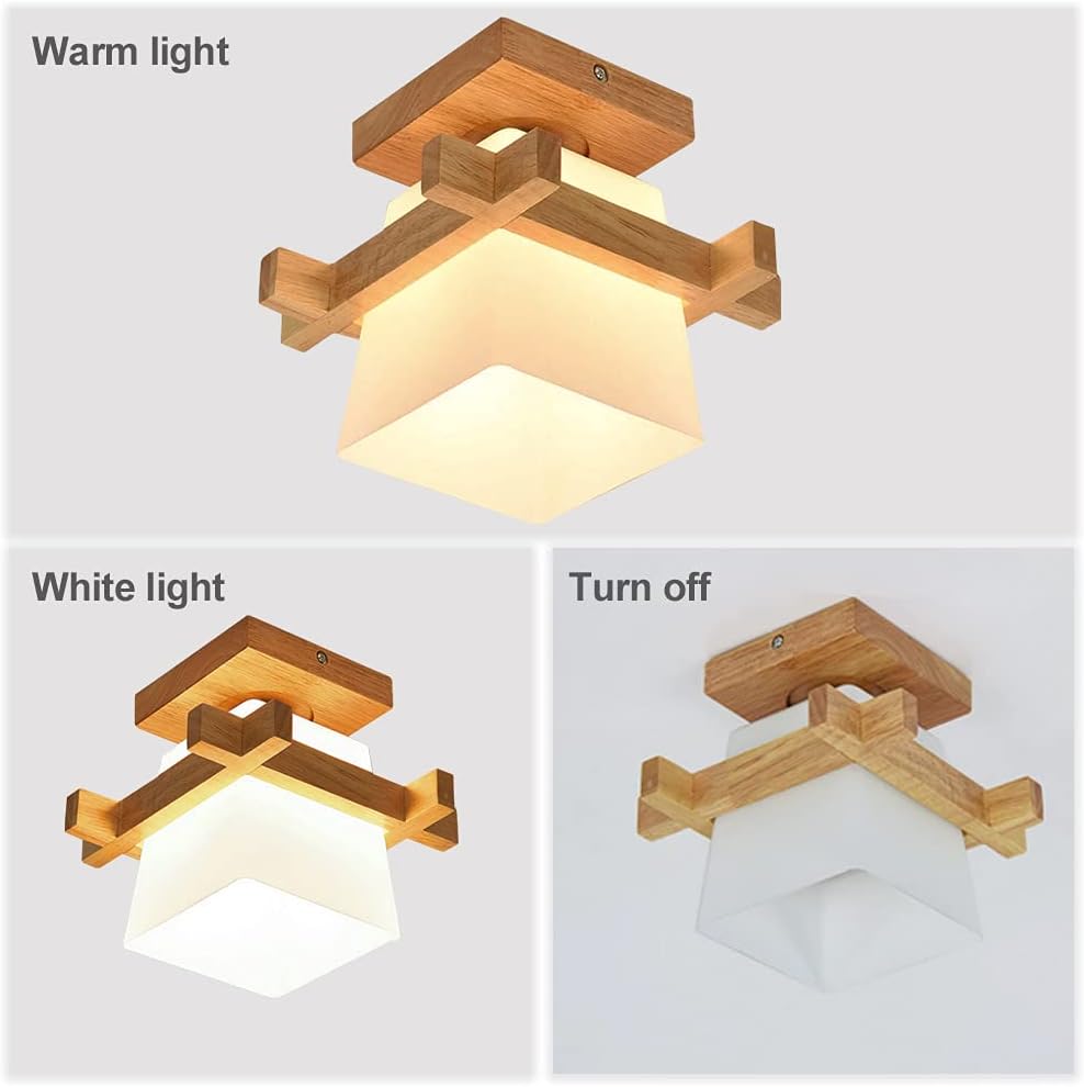 Wood Ceiling Light, Simple Japanese Tatami Style E27 Wooden Lamp with Glass Shade, Modern Ceiling Light Fixture for Hallway, Porch, Balcony, and Bedroom