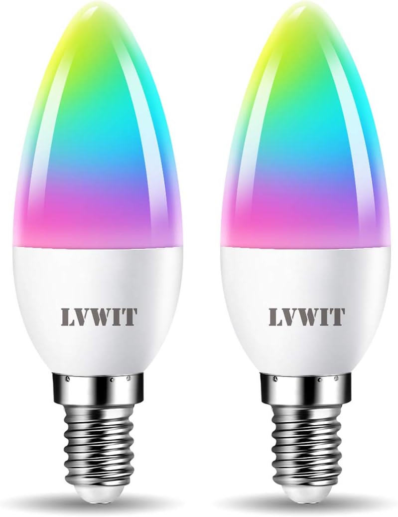 LVWIT E14 Smart Candle Bulb, 5W RGB, 470Lm, WiFi, Works with Alexa & Google Assistant, 2 Pack