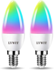 LVWIT E14 Smart Candle Bulb, 5W RGB, 470Lm, WiFi, Works with Alexa & Google Assistant, 2 Pack