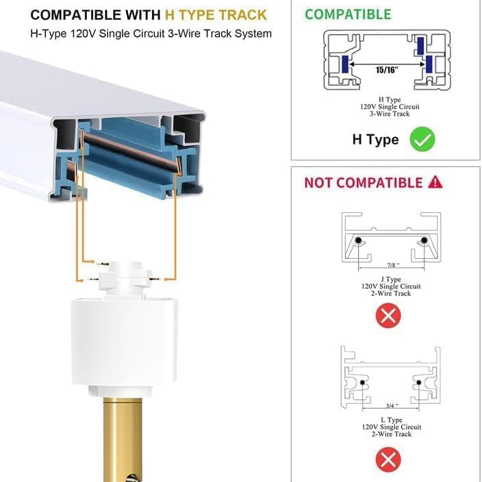 Diagram showing compatibility of H-type track system with a light fixture.