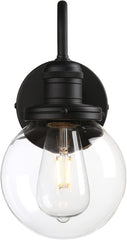 Black wall-mounted light fixture with clear glass shade on a white background