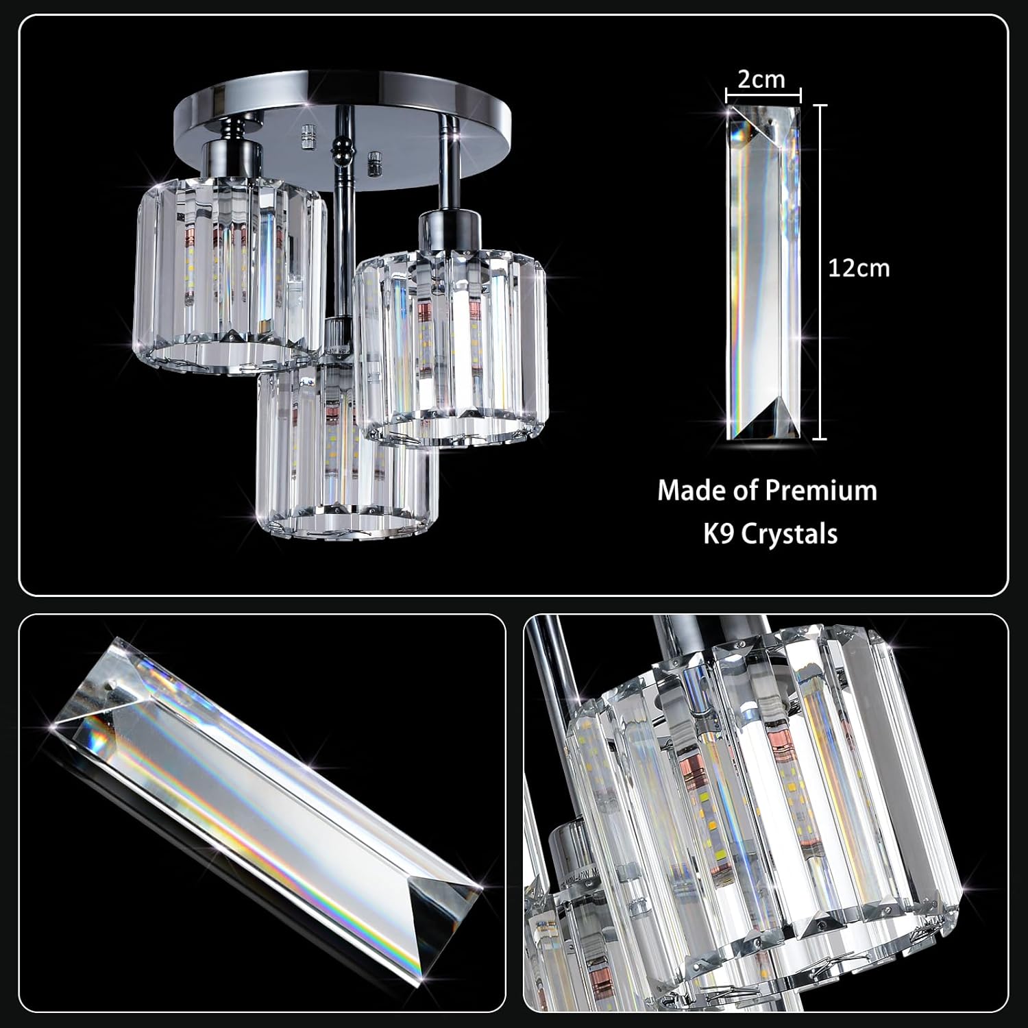 Modern 3-Light Crystal Ceiling Light – Chrome Semi Flush Mount Fixture