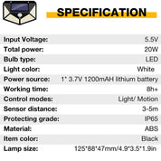 100 LED Solar Security Light, PIR Motion Sensor Wall Light, 3 Modes, 270° Wide Angle, IP65 Waterproof for Outdoor Garden Fence Yard & Pathway