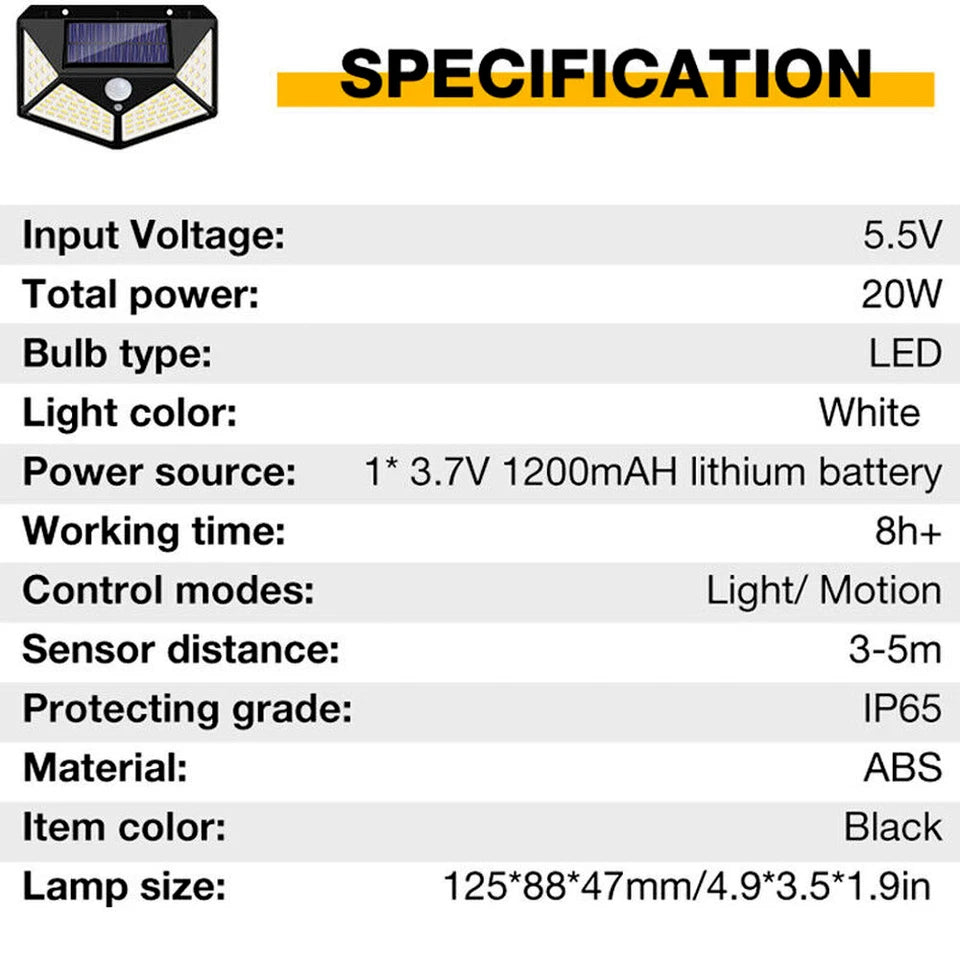 100 LED Solar Security Light, PIR Motion Sensor Wall Light, 3 Modes, 270° Wide Angle, IP65 Waterproof for Outdoor Garden Fence Yard & Pathway