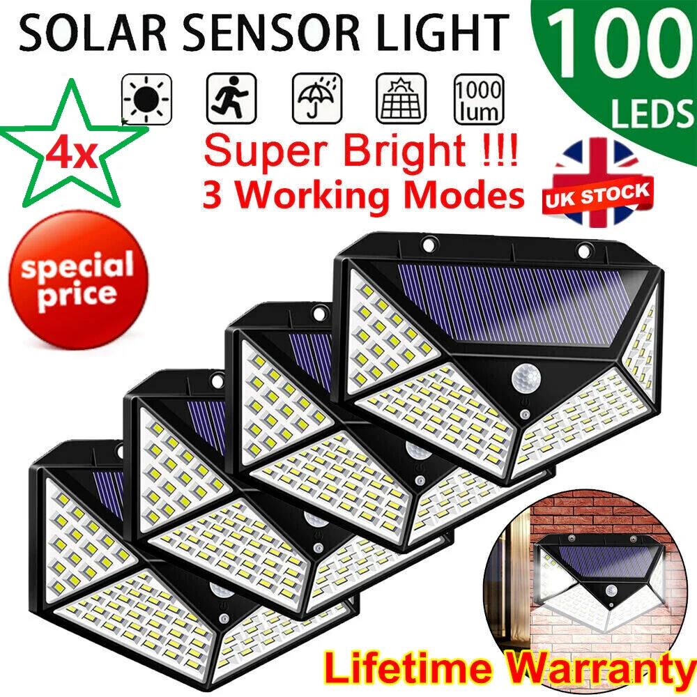 100 LED Solar Security Light, PIR Motion Sensor Wall Light, 3 Modes, 270° Wide Angle, IP65 Waterproof for Outdoor Garden Fence Yard & Pathway
