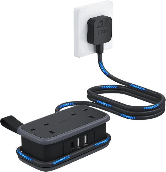 Travel Extension Lead with USB, 2 Outlets & 3 USB (1 Type-C), 1.2M Cord for Cruise, Hotel, Home