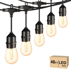 48FT Outdoor LED String Lights, S14 Festoon Lights with 15 E27 Sockets, IP65 Waterproof, 2700K Warm White for Garden, Patio, Party