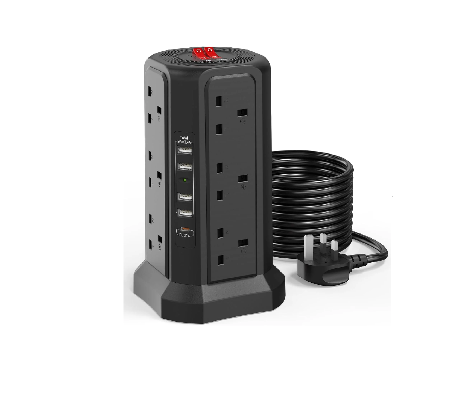 12-Way Tower Extension Lead with 5 USB Ports & USB-C Fast Charger, 5M Cable, 3250W