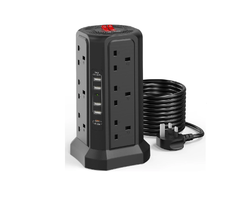 12-Way Tower Extension Lead with 5 USB Ports & USB-C Fast Charger, 5M Cable, 3250W